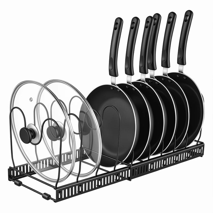 Expandable Pan Organiser Rack with 10 Adjustable Dividers — Pot Lid Holder for Kitchen Cupboards