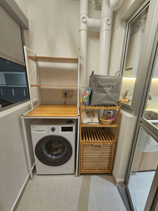 Adjustable Bamboo Laundry Hamper & Bathroom Rack with Pull-Out Shelves