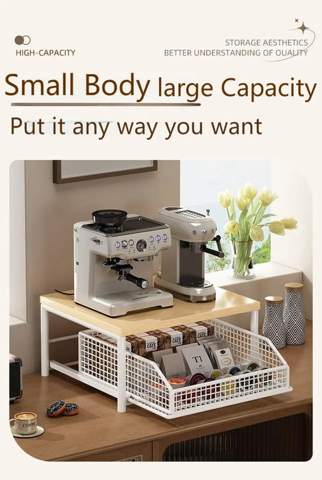 Multi-Purpose Coffee Station Organiser with Drawer & Shelves for Capsules, Cups and Snacks