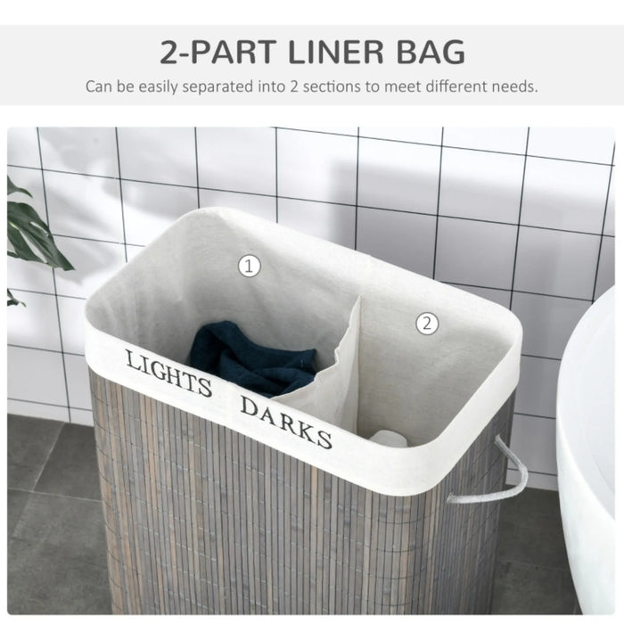 100L Collapsible Laundry Hamper with Lid & String Handles — 2-Section, Removable Lining, Grey