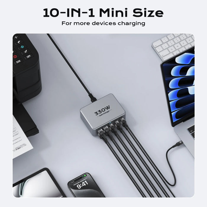 330W GaN 10‑Port USB Charger — 2×100W USB‑C, PD3.0/PPS/QC3.0, for MacBook Pro & iPhone 15/16