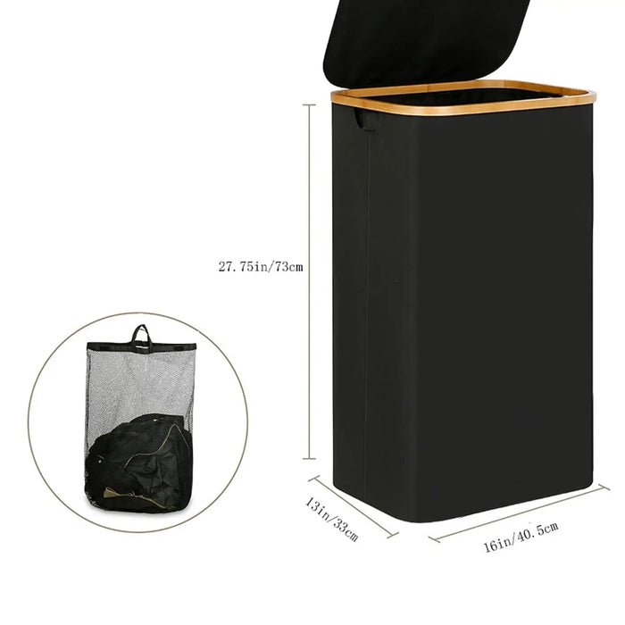 Foldable 2-Section Laundry Hamper with Lid — Bamboo Handles & Removable Bag