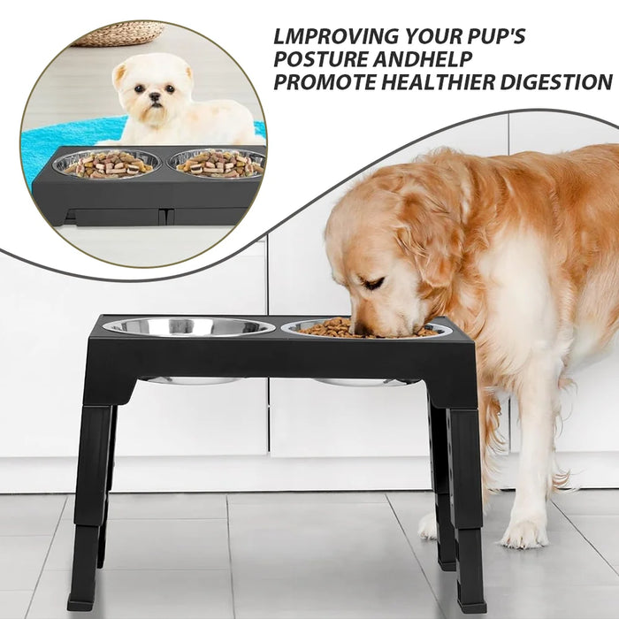 Adjustable Raised Dog Feeding Station with Two Stainless Steel Bowls - Black