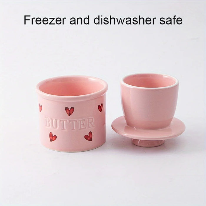 1-piece Pink Ceramic Butter Crock with Lid and Knife – French-style Porcelain Butter Dish