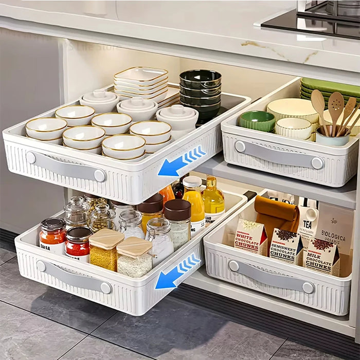 Pull-Out Cabinet Organiser Tray with Handle — Plastic, Reusable (White, M/L)