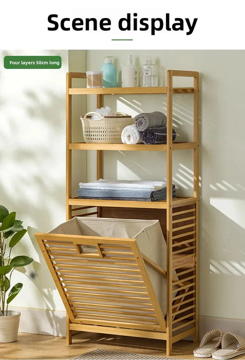 3/4-Tier Bamboo Laundry Hamper & Bathroom Rack with Pull-Out Shelves