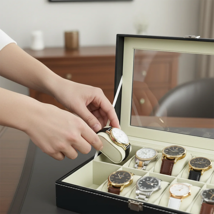 12-Slot Watch Box — Grey PU Leather with Clear Window & Velvet Lining