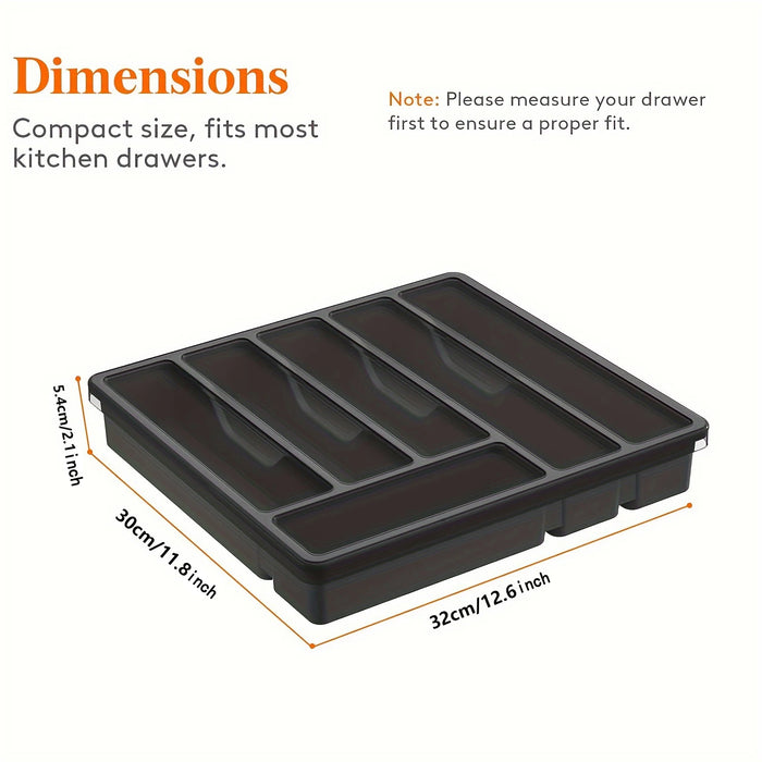 Covered Cutlery Organiser — 6-Compartment Silverware Tray with Washable Lid (PP)