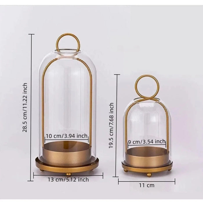 Vintage Brass Metal Candle Holder Set with Glass Domes