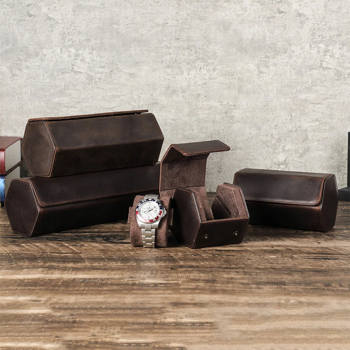 Vintage Genuine Leather Watch Roll Travel Case — 1/2/3/4/6/8 Slot Organiser
