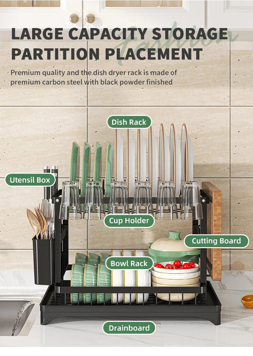 Stainless Steel 2-Tier Dish Rack — Fast-Drying & Stain-Free, Heavy-Duty Carbon Steel Frame