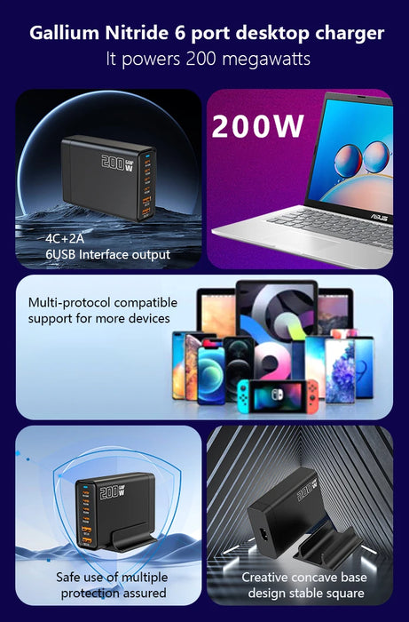 200W GaN 5‑Port USB‑C Fast Charger — Desktop Hub for MacBook Pro/Air & iPad Pro