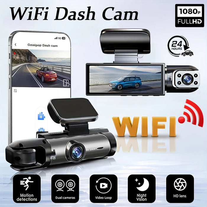 1080P Wi‑Fi Dual Dash Cam — Front & Interior, Night Vision, Loop Recording