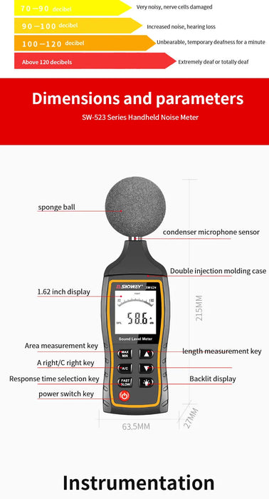 SW-523 / SW-524 Digital Sound Level Meter (30–130 dB) Handheld Noise Meter