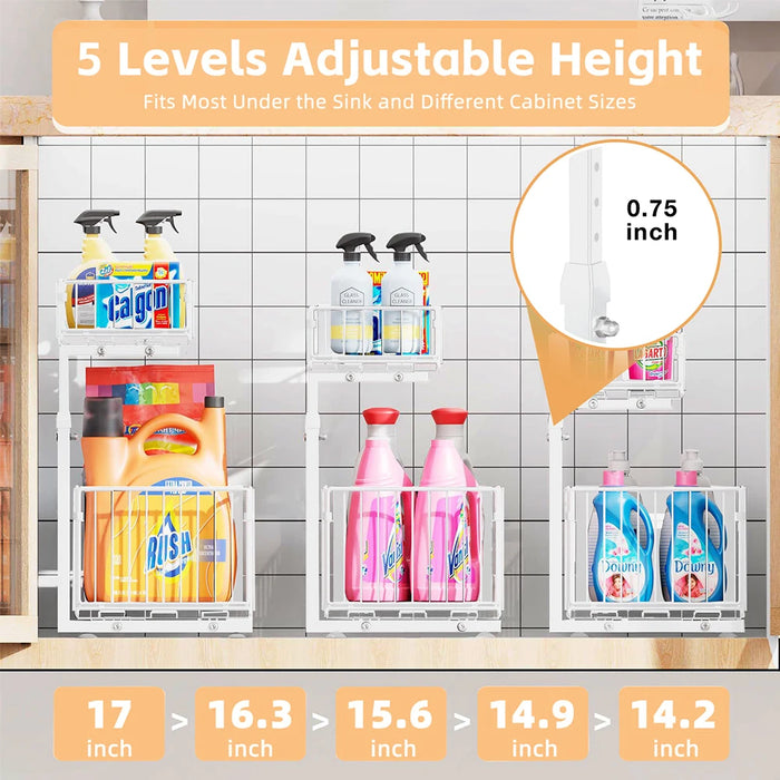 2-Tier Under-Sink Pull-Out Organiser — Adjustable Height Thickened Metal Sliding Drawers (Black or White)