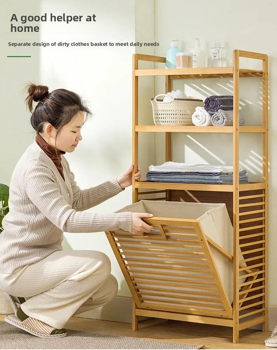 Adjustable Bamboo Laundry Hamper & Bathroom Rack with Pull-Out Shelves