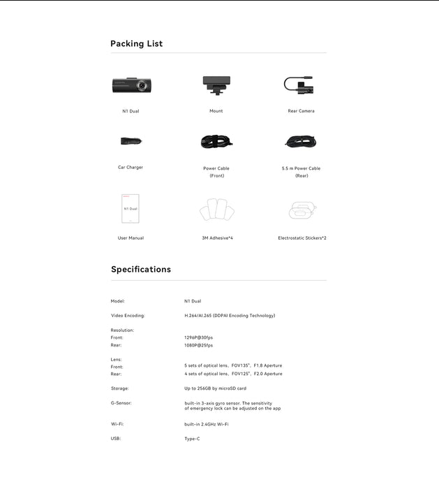 N1 Dual Dash Cam — 1296P Front & 1080P Rear, NightVIS, App Control