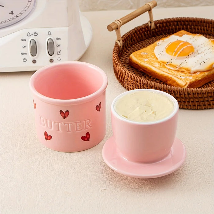 1-piece Pink Ceramic Butter Crock with Lid and Knife – French-style Porcelain Butter Dish
