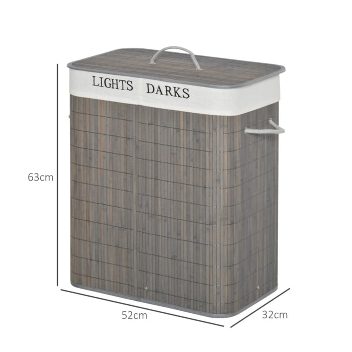 100L Collapsible Laundry Hamper with Lid & String Handles — 2-Section, Removable Lining, Grey