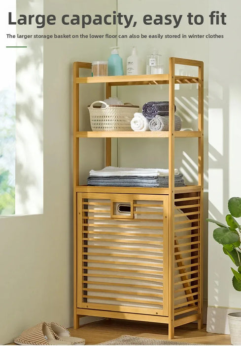 Adjustable Bamboo Laundry Hamper & Bathroom Rack with Pull-Out Shelves