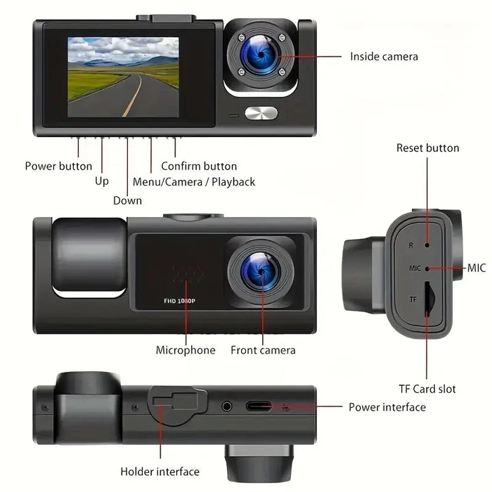 1080P Car Dash Cam — 2/3‑Channel Front, Inside & Optional Rear Camera with Night Vision
