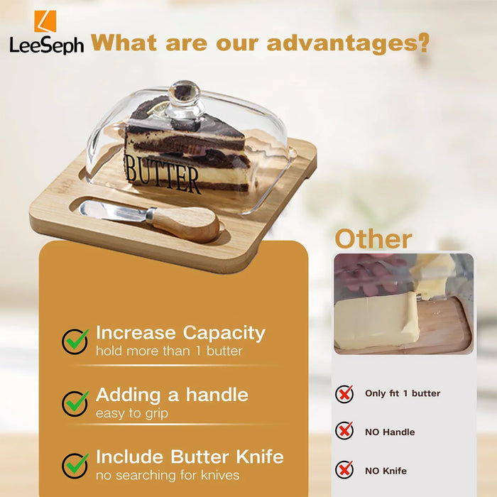Bamboo Butter Dish with Glass Lid & Cutter — Reusable Butter Storage Case