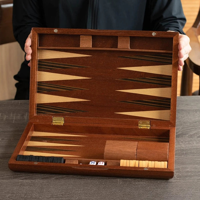 Solid Mahogany Veneer Backgammon Set – Foldable Tabletop Game for Family Entertainment