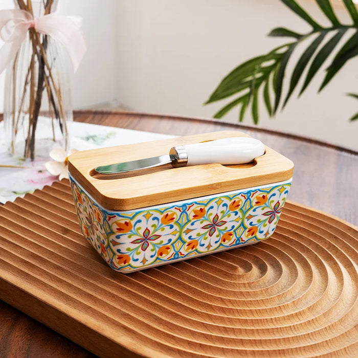 Country-style ceramic butter dish with built-in refrigeration – retro kitchen butter box