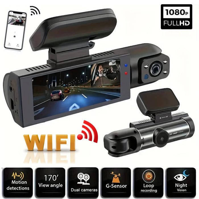 1080P Wi‑Fi Dual Dash Cam — Front & Interior, Night Vision, Loop Recording