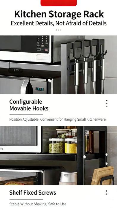 Rustproof Adjustable Kitchen Storage Rack 40–60cm with Hooks — Space‑saving Microwave Shelf