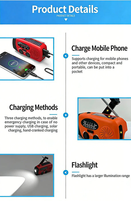 Hand-cranked Solar Power Generator Radio Flashlight — FM AM WB NOAA Power Bank