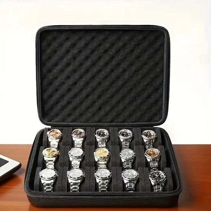 15-Slot Watch Case — Shockproof Foam & Hard-Shell Portable Storage (Black)