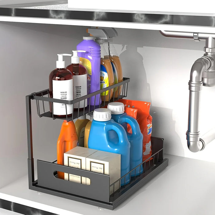 2-Tier Sliding Under-Sink Organiser – Rustproof Metal Storage for Kitchen & Bathroom Cabinets
