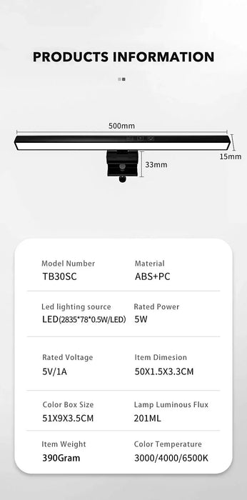 USB LED Monitor Light Bar — 33cm & 50cm, Dimmable with 3 Colour Temperatures, Touch Control