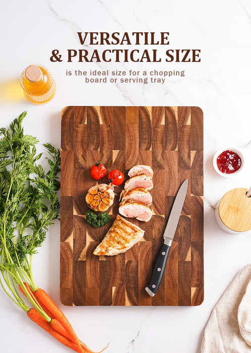 15-inch End Grain Acacia Rectangular Chopping Board with Side Handle (390×275×25mm)