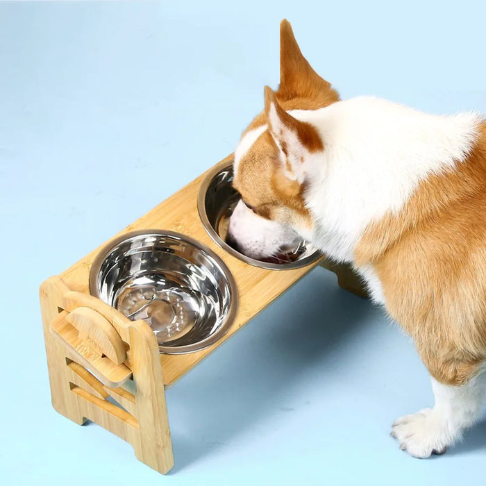 Adjustable Wooden Raised Pet Bowl Stand with 2 Stainless Steel Bowls for Small Dogs & Cats