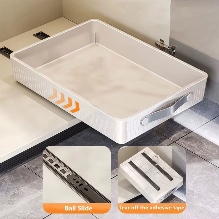Pull-Out Cabinet Organiser Tray with Handle — Plastic, Reusable (White, M/L)