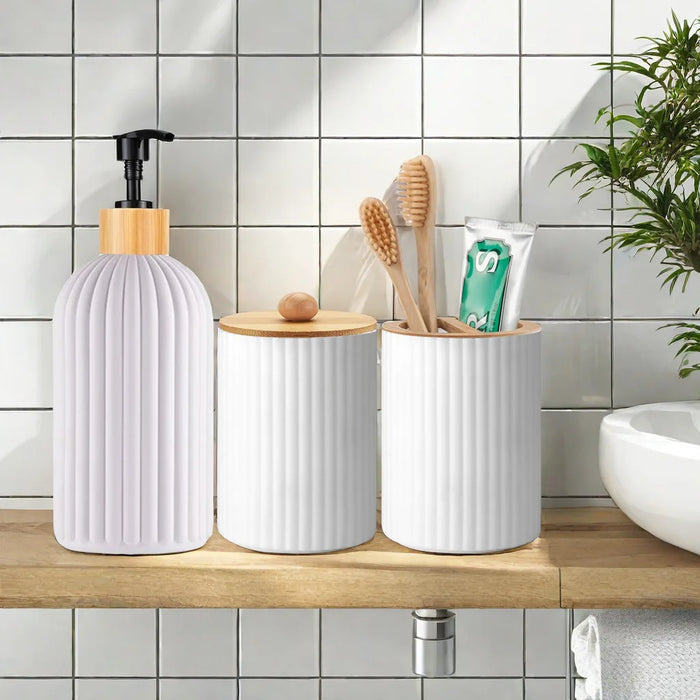 Bathroom Countertop Organiser – Soap Dispenser, Cotton Box & Toothbrush Holder (Plastic & Bamboo)