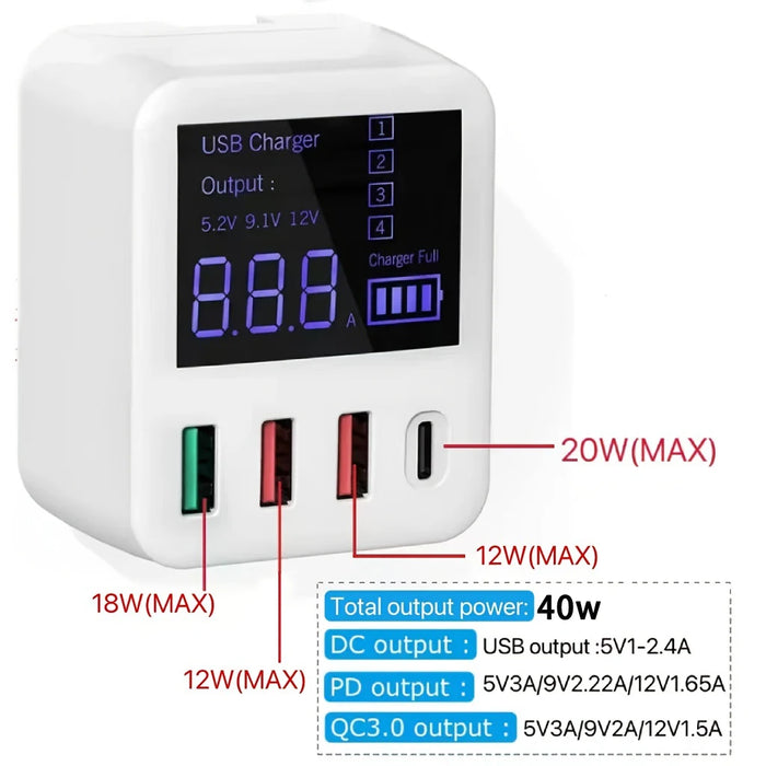 40W 4-Port USB-C Charging Station with 20W PD & QC 3.0 – White