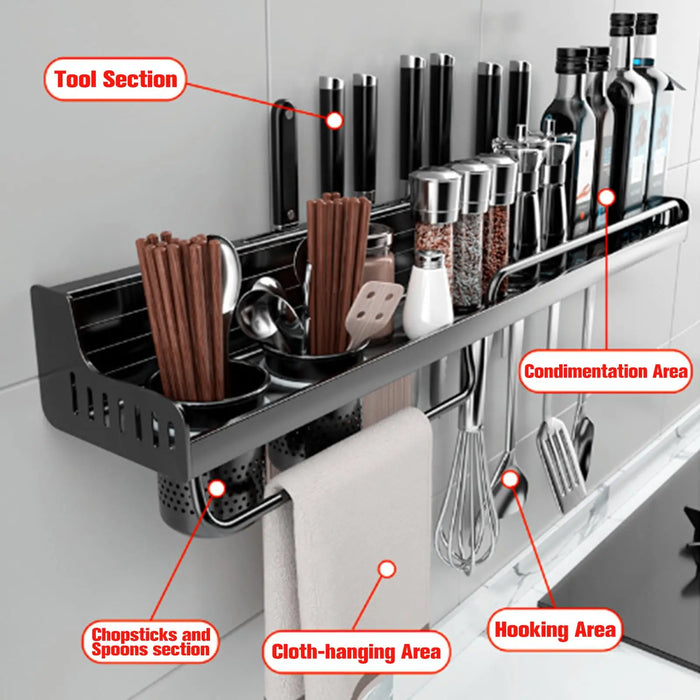 40cm Wall-Mounted Hanging Spice & Pot Rack — Black Metal Kitchen Shelf with Hooks