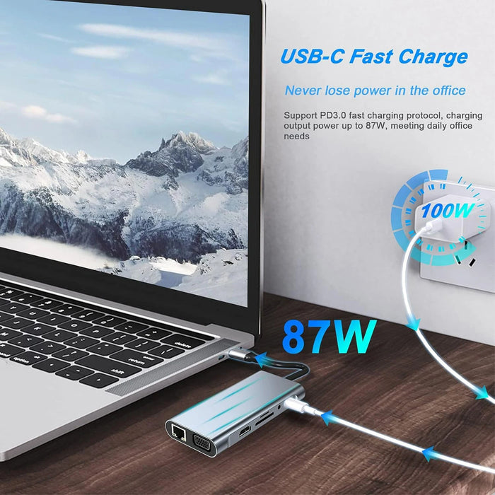 11-in-1 USB-C / Thunderbolt 3 Hub Docking Station with 4K HDMI, VGA, 100Mbps Ethernet, PD 100W, SD/TF, Audio
