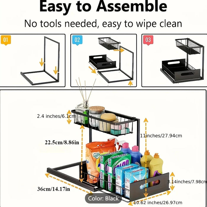 Under-Sink Sliding Drawer Organiser — Metal Pull-Out Shelves for Kitchen, Bathroom & Garage