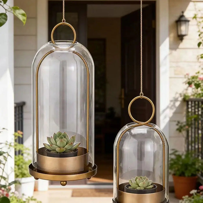 Vintage Brass Metal Candle Holder Set with Glass Domes