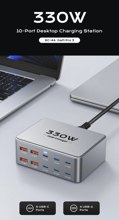 330W 10‑Port GaN USB‑C Charger — Dual 100W PD3.0/PPS Fast Charging Station