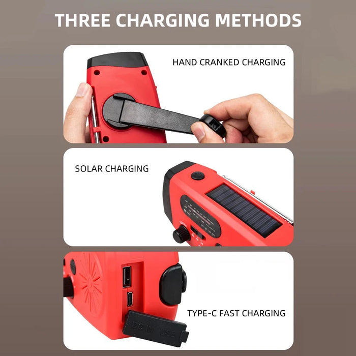 Hand-cranked Solar Power Generator Radio Flashlight — FM AM WB NOAA Power Bank
