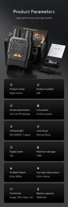 1080P Night Vision Binoculars 10x Digital — 800m Full-Dark IR, 2.8" Screen