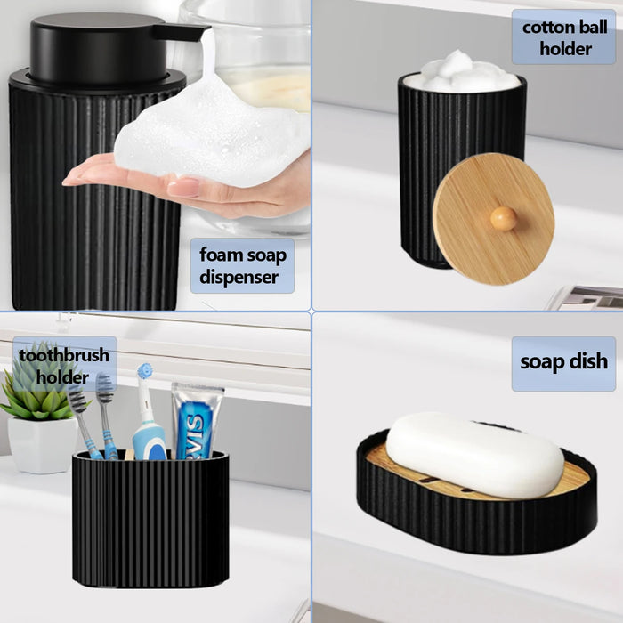 Black 4-Piece Bathroom Accessory Set – Foam Dispenser, Toothbrush Holder, Cotton Box & Soap Dish