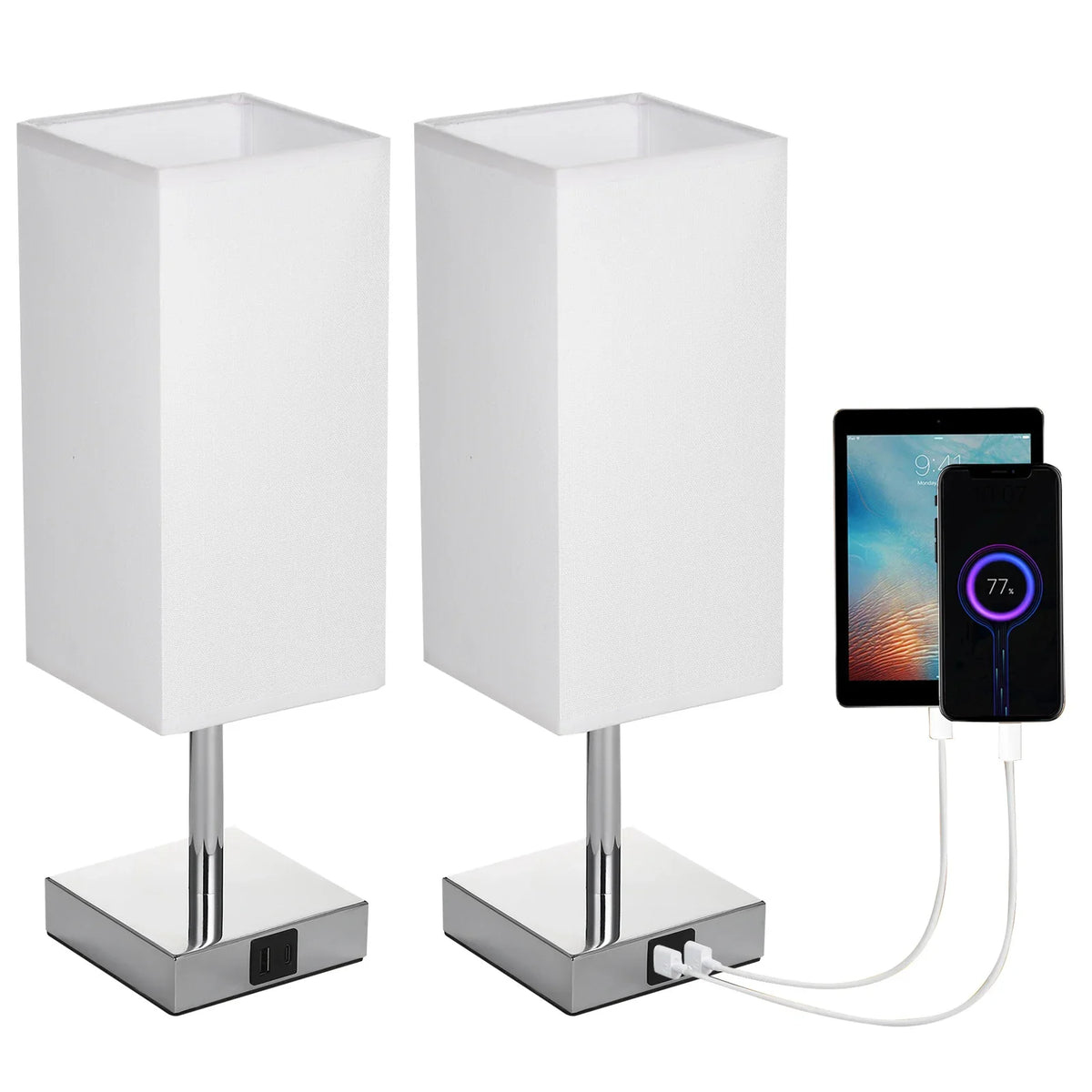 Lámpara de mesa de noche con pantalla de tela - Bombilla LED blanco cálido, control táctil, luz de escritorio, puertos de carga USB A y tipo C - Ideal para mesitas de noche, escritorios de trabajo y áreas de estudio