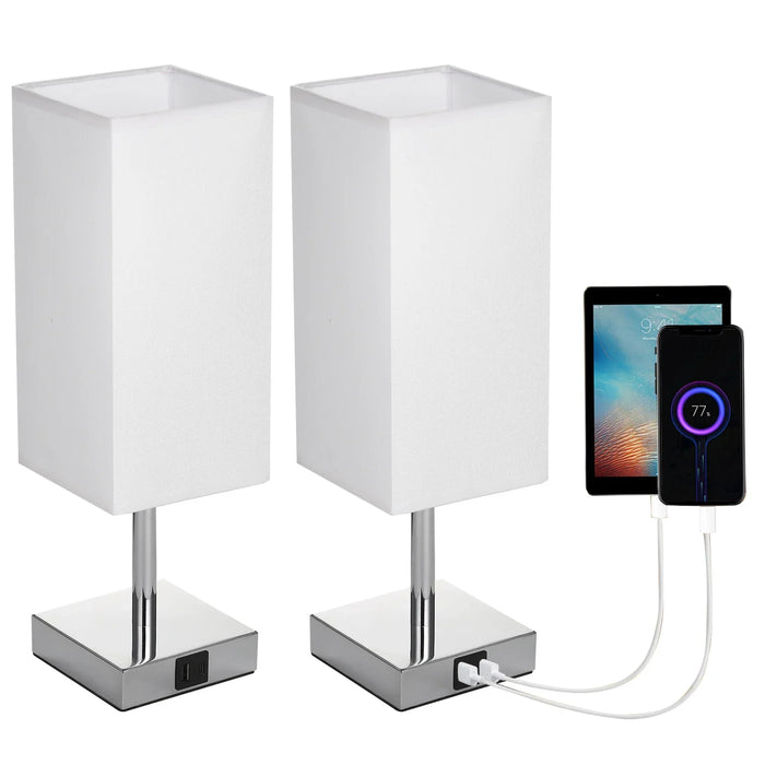 Bordlampe med stoffskjerm - Varmhvit LED-pære, berøringskontroll, skrivebordslampe, USB A- og Type-C-ladeporter - Ideell for nattbord, arbeidsbord og studieområder