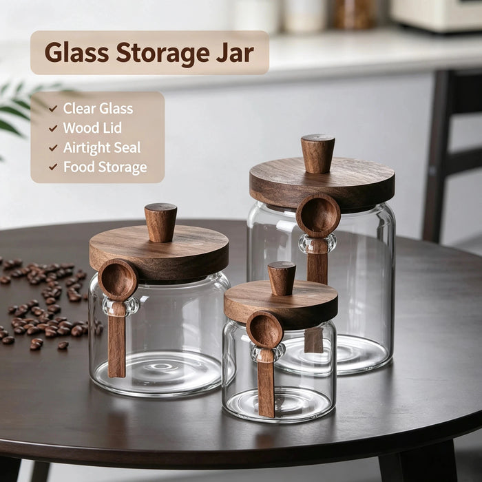Glass Food Storage Jars with Wooden Lids & Scoop — Airtight Sealed Canisters for Sugar, Coffee, Candy